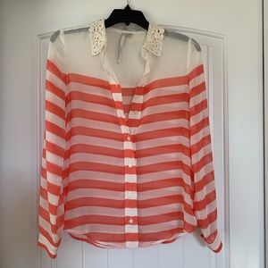 Sheer striped blouse with lace collar